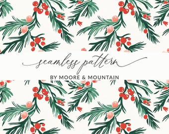 Könnte beinhalten: Nahtloses Muster mit Aquarellillustrationen von grünen Tannenzweigen, roten Beeren und rosa Akzenten auf weißem Hintergrund. Der Text "seamless pattern" und "BY MOORE & MOUNTAIN" sind ebenfalls sichtbar.