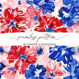 Seamless July 4th Pattern, Cute Seamless USA Floral Pattern, Seamless Red White and Blue Pattern, 4th of July Seamless Background, US PNG
