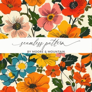 May include: A seamless pattern featuring a variety of colorful flowers in shades of orange, yellow, pink, red, and blue. The flowers are set against a white background and have a retro, vintage aesthetic.