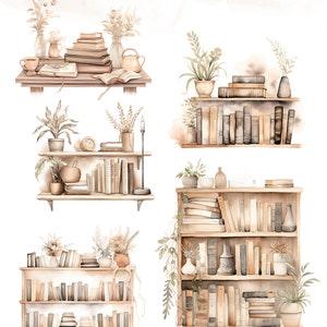 May include: Four watercolor illustrations of bookshelves with various books, plants, and decorative items. The shelves are made of wood and have a rustic, vintage look. The books are arranged in a variety of ways, some stacked and some standing upright. The plants are a mix of green and brown, and the decorative items include vases, candles, and a teapot.