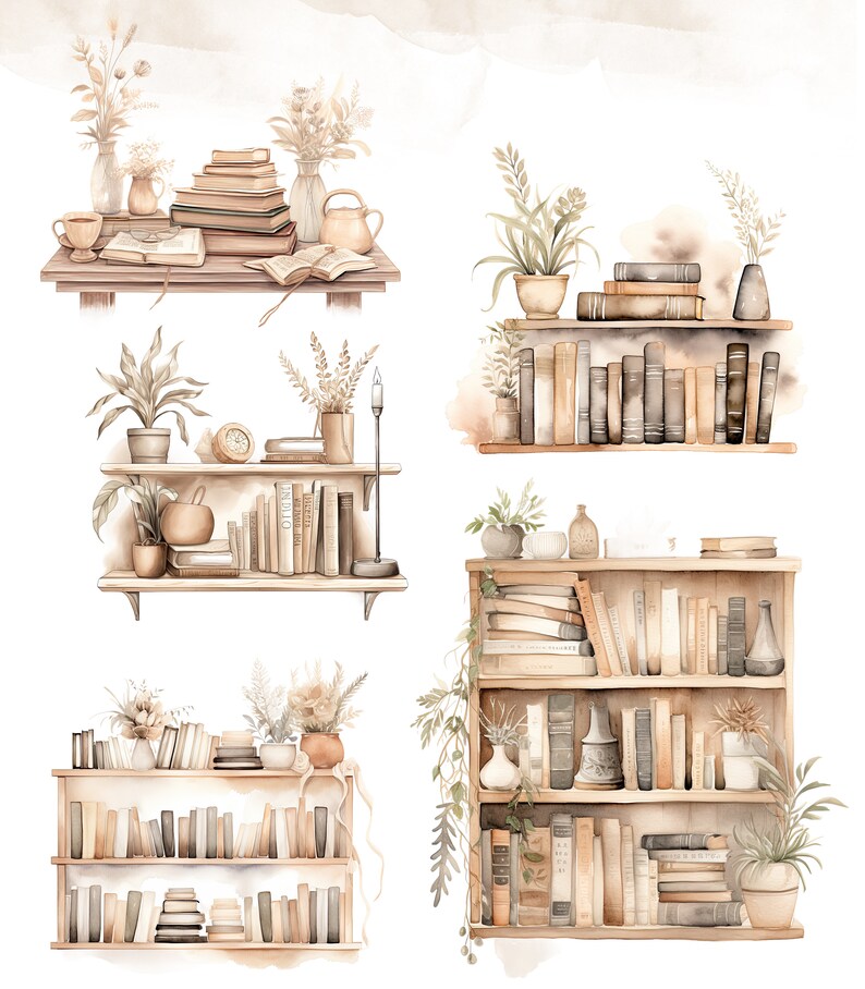 May include: Four watercolor illustrations of bookshelves with various books, plants, and decorative items. The shelves are made of wood and have a rustic, vintage look. The books are arranged in a variety of ways, some stacked and some standing upright. The plants are a mix of green and brown, and the decorative items include vases, candles, and a teapot.