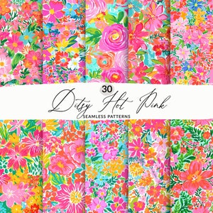 30 motifs floraux sans couture roses néon, fleurs roses fuchsia, motifs fleurs printanières preppy, motifs roses preppy, fleurs roses fluo sans couture