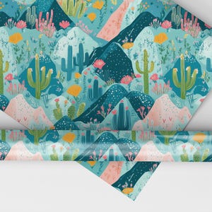May include: A repeating pattern of blue, pink, and green mountains, cacti, and flowers. The design is perfect for wrapping paper or fabric.