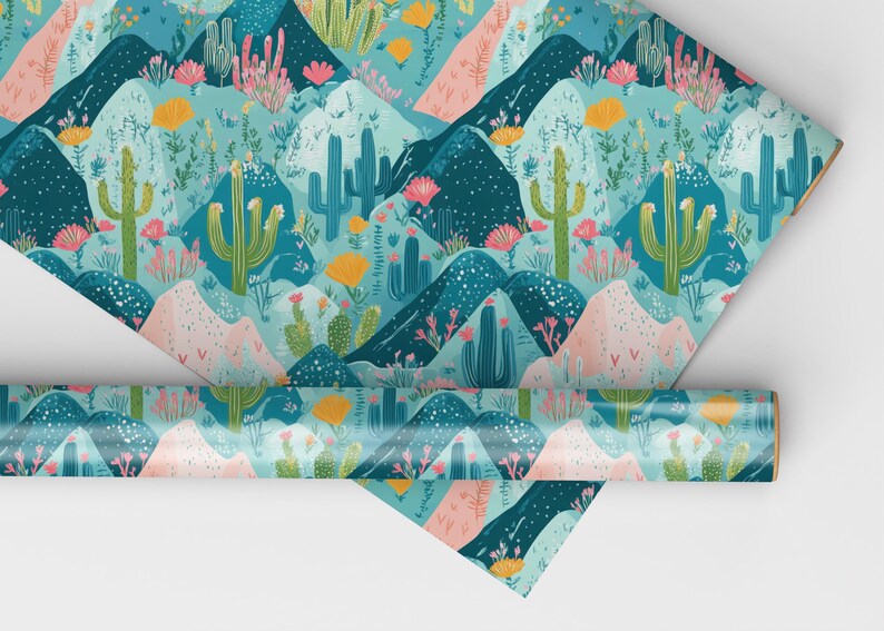 May include: A repeating pattern of blue, pink, and green mountains, cacti, and flowers. The design is perfect for wrapping paper or fabric.