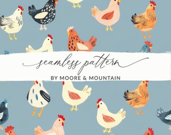 Cute Chickens Seamless Background Farmhouse Chicken Repeating Pattern, Homesteading Background PNG Trendy Seamless Chickens PNG
