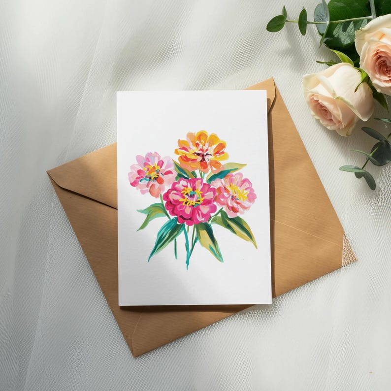 Vibrant Zinnia Floral Bouquet, Watercolor Flower Art Print, Colorful Summer Blooms, Pink Orange Yellow Flowers, Botanical Garden Decor, Hand