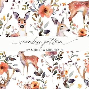 Deer Seamless Background Pattern Fall Deer Hunting Pattern Watercolor Deer Forest Background Seamless Doe Digital Background PNG