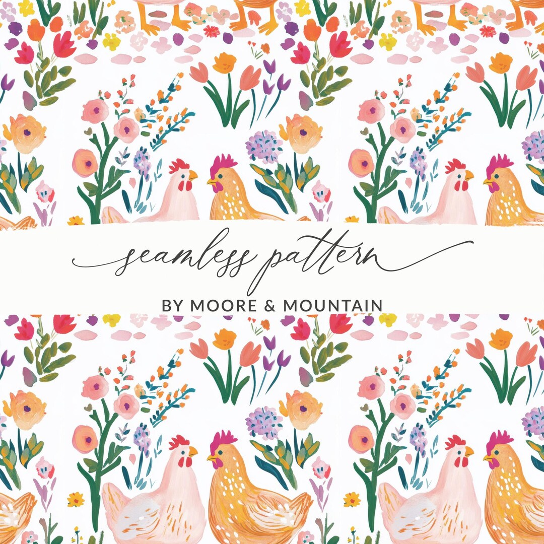 Chicken Pattern Digital Chicken Floral Digital Paper, Seamless Pattern File, Farmhouse Print ...