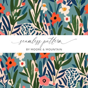 May include: Seamless pattern featuring a colorful floral design with red, pink, white, and blue flowers on a teal background. The text "seamless pattern" and "by Moore & Mountain" is displayed on a white banner.