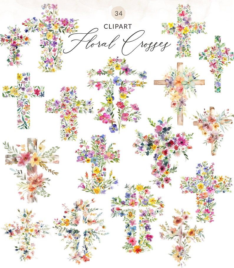 May include: 34 watercolor floral crosses clipart images. The crosses are made of flowers in shades of pink, purple, yellow, blue, and green.