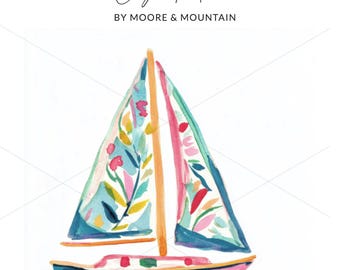 Clip Art voilier preppy, bateau Clipart PNG SVG, illustration florale de voilier, décoration nautique en téléchargement numérique