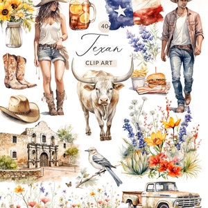 Watercolor Clip Art Texas Watercolor Clipart, Texan Clipart, Cowboy Clipart, Western, Bluebonnet Clipart,  Commercial Use, Digital