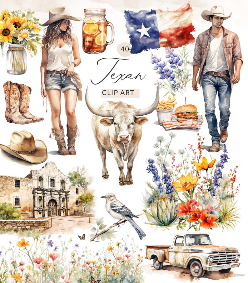 texan clipart, texas clip art, watercolor clip art texas, texas watercolor clipart, texan clip art, texan clipart, texas longhorn, texas bluebonnet, texas cowboy, texan cowgirl, cowgirl in cutoffs, alamo, texas alamo, bluebonnet clipart, cowboy hat