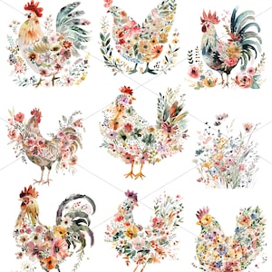 May include: Nine watercolor illustrations of roosters and hens made of flowers. Each bird is depicted in a different pose with a variety of colorful flowers and foliage.