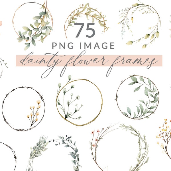 75 Mega Pack Dainty Boho Wildflower Wreaths, Cornici di fiori di campo dell'acquerello, ClipArt di cornici di fiori di campo, DOWNLOAD immediato