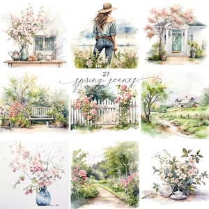27 Watercolor Spring Garden Clipart, Spring Aesthetic Spring Flower Meadow Landscape, Romantic Spring Flower Field, Spring Fence Clipart