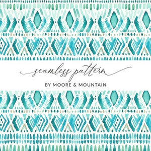 May include: A seamless pattern design in shades of teal, turquoise, and gold. The design features geometric shapes, including diamonds and triangles, arranged in horizontal rows. The text "seamless pattern" and "BY MOORE & MOUNTAIN" are also visible.
