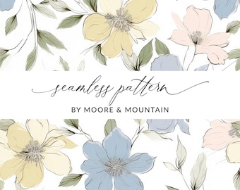 Pastel Flower Seamless Pattern Pastel Floral Pattern, Sketched Floral Pattern, Seamless Floral Background, Pencil Sketched Floral Digital