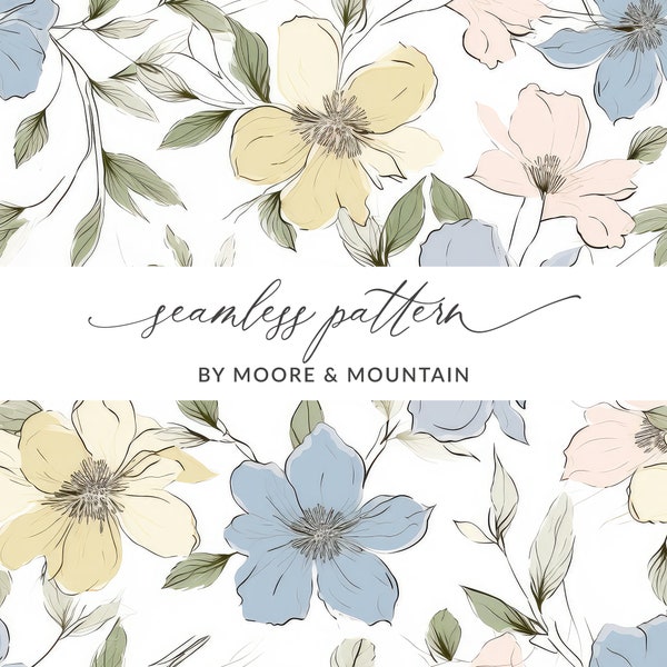 Pastel Flower Seamless Pattern Pastel Floral Pattern, Sketched Floral Pattern, Seamless Floral Background, Pencil Sketched Floral Digital