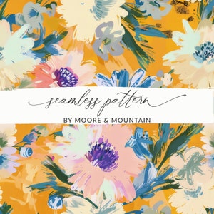 Mustard Yellow Flower Pattern, Painterly Spring Flowers Background, Bold Textile Design Floral Pattern, Modern Flowers Fabric Design Pattern