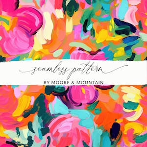 Puede incluir: Patrón abstracto sin costuras con colores brillantes como rosa, amarillo, naranja, azul y verde. El patrón está formado por pinceladas y remolinos.