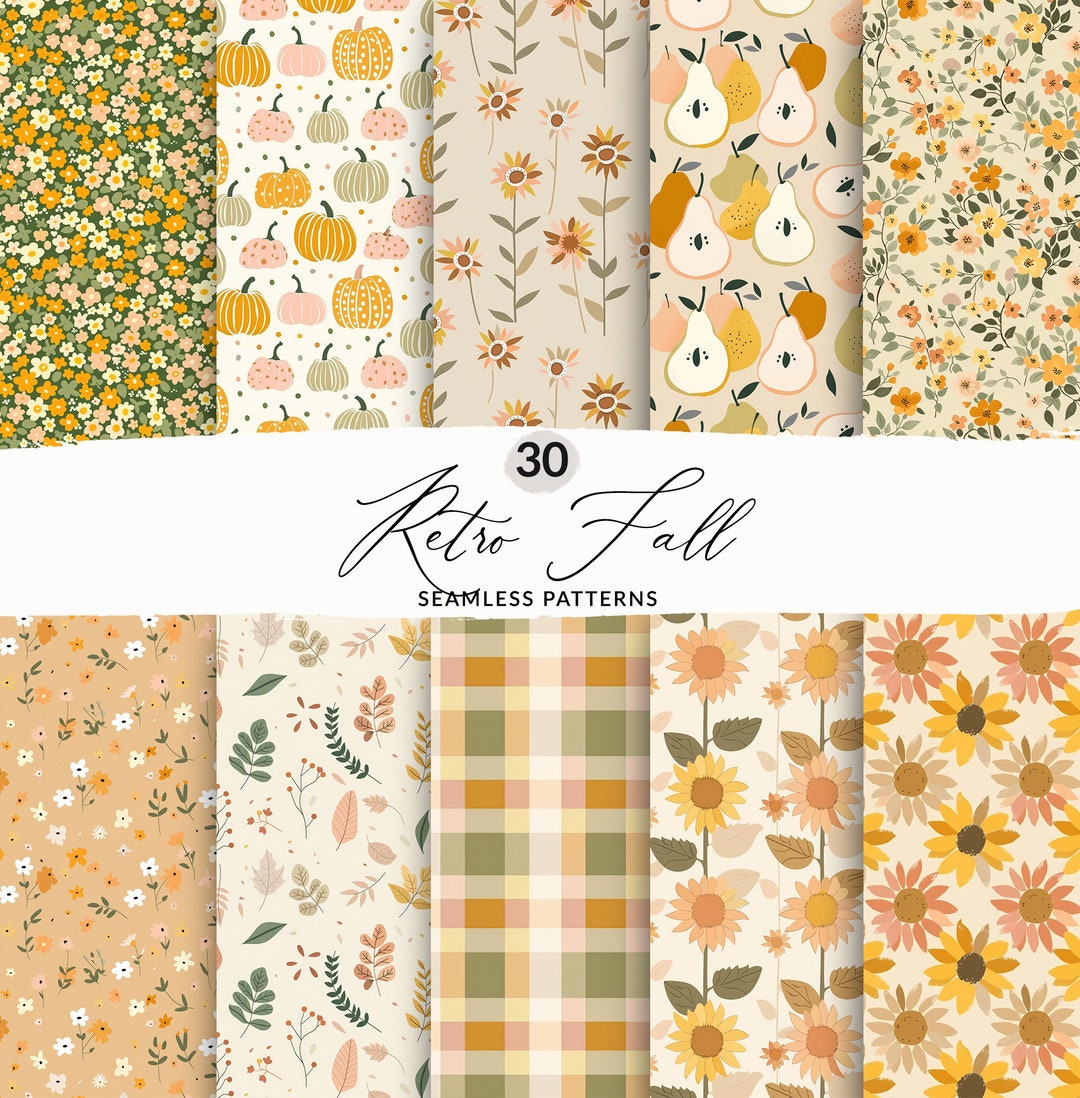 Retro Fall Seamless Pattern Set, Fall Retro Digital Background Pattern ...