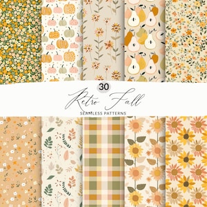 Könnte beinhalten: Ein Set mit 30 nahtlosen Retro-Herbstmustern mit verschiedenen Designs, darunter Kürbisse, Birnen, Sonnenblumen, Blätter und Blumenmuster. Die Muster sind in einer warmen Farbpalette aus Gelb, Orange, Braun und Grün gehalten.