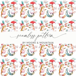 May include: A repeating pattern featuring watercolor illustrations of squirrels wearing Santa hats and holding sprigs of berries. The text "seamless pattern" and "BY MOORE & MOUNTAIN" are also visible.