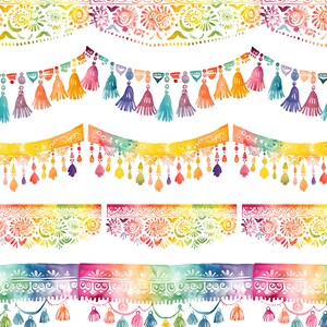 May include: Four watercolour illustrations of colourful, decorative borders with tassels. The borders are in a rainbow of colours, including red, orange, yellow, green, blue, indigo, and violet. The tassels are a mix of colours, including pink, purple, blue, green, yellow, and orange.