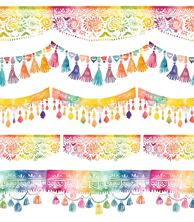 May include: Four watercolour illustrations of colourful, decorative borders with tassels. The borders are in a rainbow of colours, including red, orange, yellow, green, blue, indigo, and violet. The tassels are a mix of colours, including pink, purple, blue, green, yellow, and orange.
