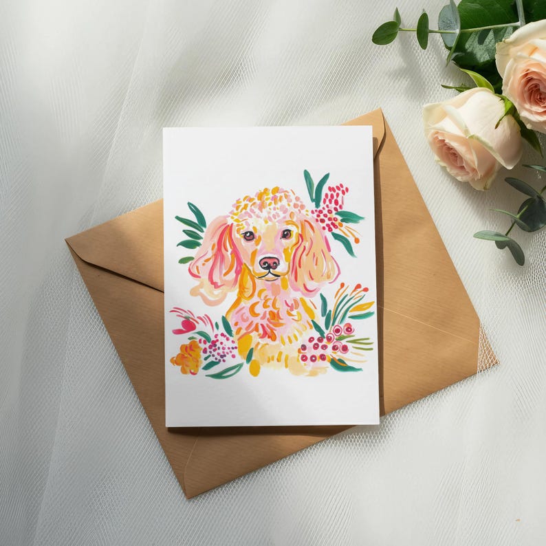 Cute Poodle Greeting Card, Floral Dog Art Card, Blank Dog Lover Card, Dog Birthday Card, Stationery for Dog Lovers, Pet Art Stationery