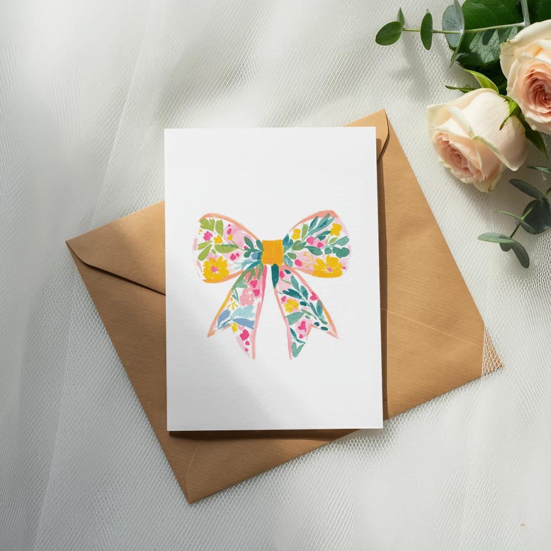 Floral Bow Greeting Card, Blank Inside Card, Handmade Stationery, All Occasion Card, Unique Greeting Card, Floral Card, Encouragement