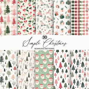 Conjunto de 30 patrones navideños suaves, lindo Papá Noel navideño dibujado a mano, archivos sin costuras con patrones navideños en rosa polvoriento y verde salvia, uso comercial