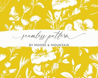 Yellow Flower Pattern, Yellow Flowers Background Seamless Pattern JPEG Print for Commercial Use, Stamped Texture, Yellow and White