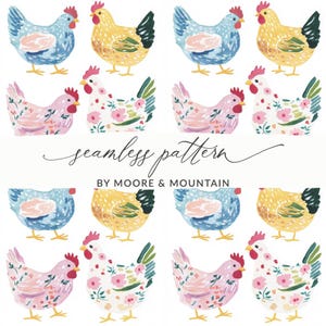 Może przedstawiać: Bezszwowy wzór z akwarelowymi ilustracjami kurczaków w kolorze niebieskim, żółtym i różowym. Niektóre kurczaki są ozdobione kwiatowymi wzorami. Widoczny jest również tekst "seamless pattern" i nazwa marki "BY MOORE & MOUNTAIN".