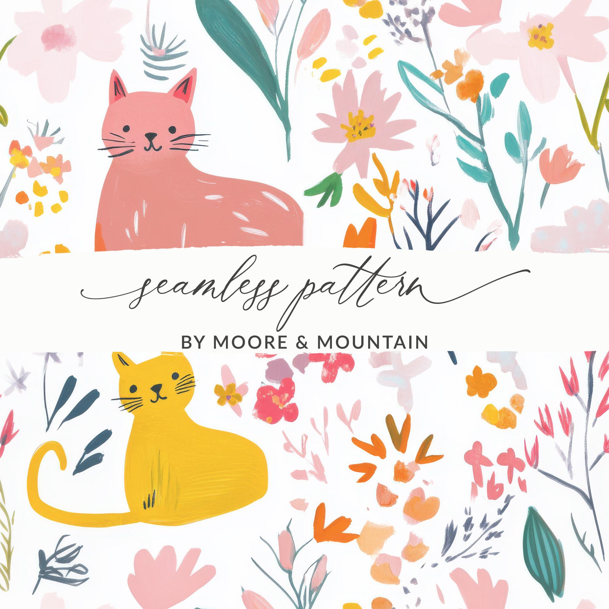 Digital Cat Floral Seamless Pattern, Pink Yellow, Modern Fabric Design ...