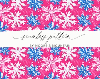 May include: Seamless pattern featuring a vibrant fuchsia background with a repeating design of white and blue snowflake-like shapes. The text "seamless pattern" is displayed in a cursive font, with "BY MOORE & MOUNTAIN" below.