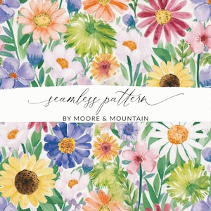 Może przedstawiać: Wzór bez szwów przedstawiający różne kwiaty akwarelowe w odcieniach różowego, fioletowego, żółtego i zielonego. Kwiaty są rozmieszczone w losowym wzorze na białym tle. Tekst "seamless pattern" i "by Moore & Mountain" jest wyświetlany czarnym tekstem na białym banerze.