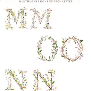 May include: Three different versions of the letter M, two different versions of the letter O, and two different versions of the letter N. Each letter is made of watercolor painted vines, leaves, and flowers in shades of green, pink, purple, and blue.