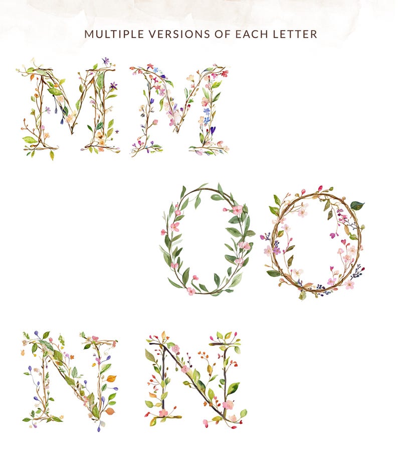May include: Three different versions of the letter M, two different versions of the letter O, and two different versions of the letter N. Each letter is made of watercolor painted vines, leaves, and flowers in shades of green, pink, purple, and blue.