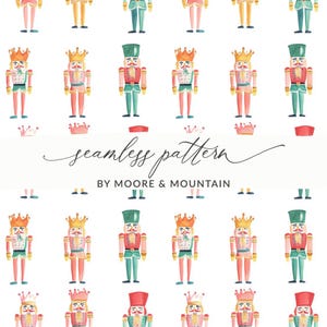 Könnte beinhalten: Ein sich wiederholendes Aquarellmuster mit Spielzeug-Nussknackern in Rot-, Grün- und Goldtönen. Das Design enthält den Text "seamless pattern" und "BY MOORE & MOUNTAIN".