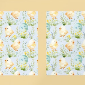 May include: A seamless pattern featuring watercolor illustrations of yellow chicks, blue eggs, and green foliage on a light blue background. This pattern is perfect for Easter crafts and decorations.