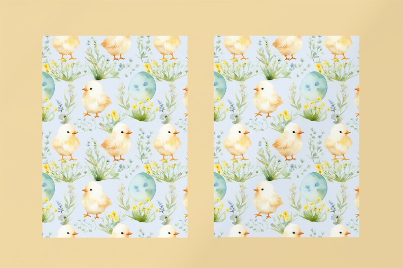 May include: A seamless pattern featuring watercolor illustrations of yellow chicks, blue eggs, and green foliage on a light blue background. This pattern is perfect for Easter crafts and decorations.