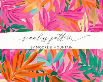 Preppy Palm Leaf Seamless Pattern Pink Tropical Leaves Background Acrylic Painted Leaves Tropical Pattern Seamless Design