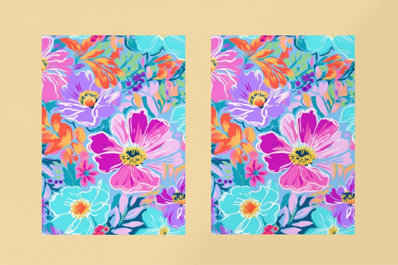 Pu&ograve; includere: Uno schema senza cuciture con un design floreale vibrante con fiori rosa, viola, blu, arancioni e gialli su uno sfondo blu chiaro.