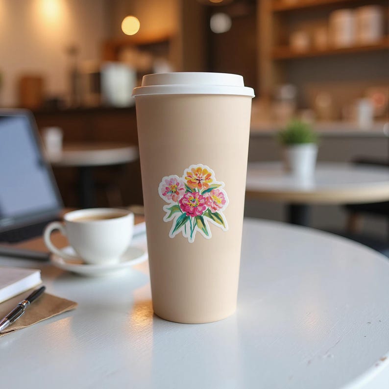 Watercolor Zinnia Flowers Sticker, Colorful Floral Bouquet Decal, Vibrant Spring Summer Bloom, Aesthetic Laptop Water Bottle Sticker Gift