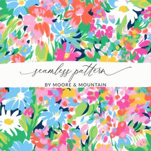 May include: A vibrant floral seamless pattern featuring a mix of pink, orange, blue, and green flowers on a white background. The text "seamless pattern" and "BY MOORE & MOUNTAIN" are displayed on a white banner.