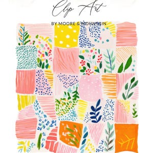 Könnte beinhalten: Buntes abstraktes Clip-Art-Design mit verschiedenen Formen und Mustern. Das Design umfasst Quadrate und unregelmäßige Formen, die mit Punkten, Streifen und floralen Elementen in Rosa, Gelb, Blau und Orange gefüllt sind. Der Text lautet "Clip Art" und "BY MOORE & MOUNTAIN".