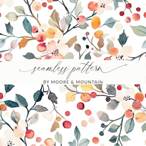 Winter Berries Seamless Pattern Tree Branches and Berries Winter Tree Background Digital Paper PNG, Watercolor Tree Branch Pattern