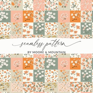 Könnte beinhalten: Ein nahtloses Blumenmuster in einem Patchwork-Design. Das Muster zeigt Quadrate in verschiedenen Farben, darunter Pfirsich, Orange, Grün und Creme, jedes mit einer anderen Blumenanordnung. Der Text "seamless pattern" und "BY MOORE & MOUNTAIN" sind ebenfalls sichtbar.